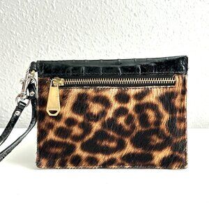BRAHMIN | Patent Leather Black & Leopard Calf Hair Wristlet | Black Animal Print